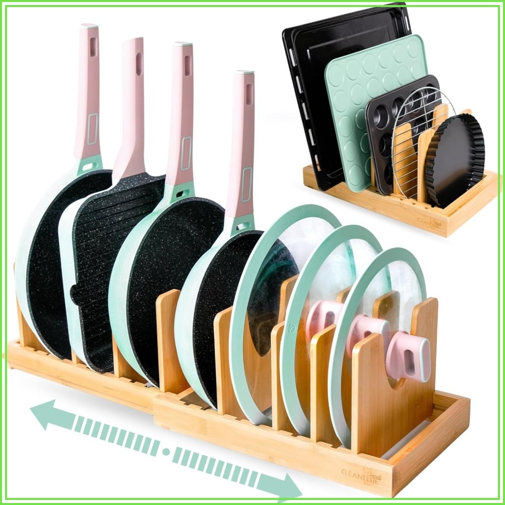 Kitchen Baking Pan Storage - Expandable Bamboo Pots and Pans Organizer